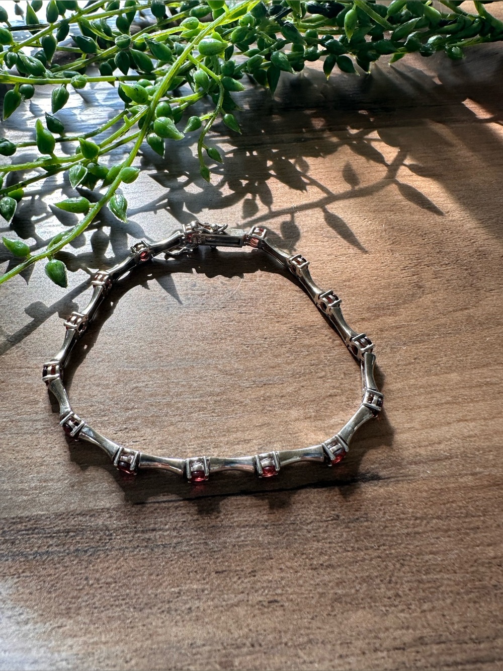 Vintage 925 Sterling Silver Bamboo Bar Link Bracelet Red Gemstones Estate 8"